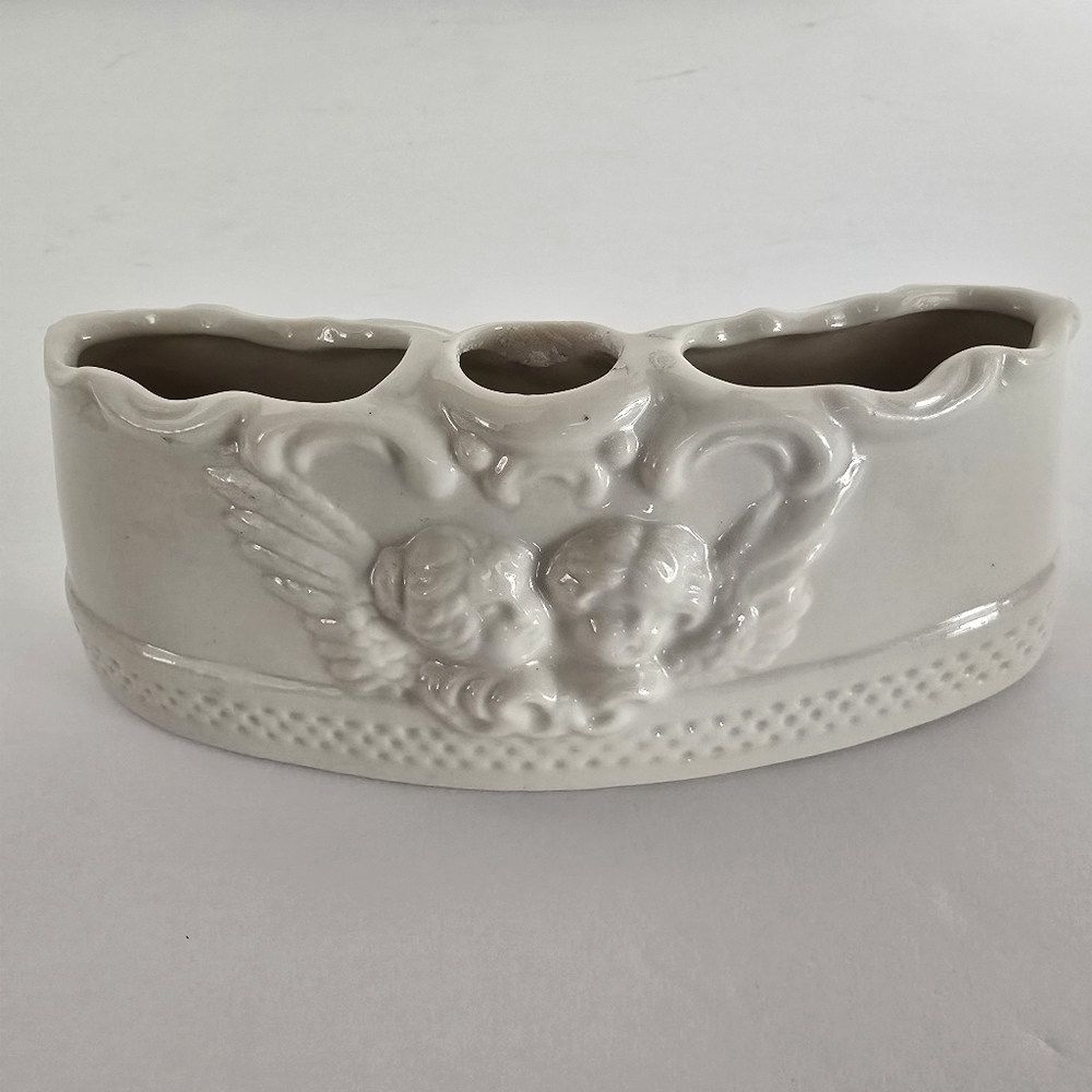 Vintage White Dresden Cherub Flower Frog Candle Holder Made In Germany